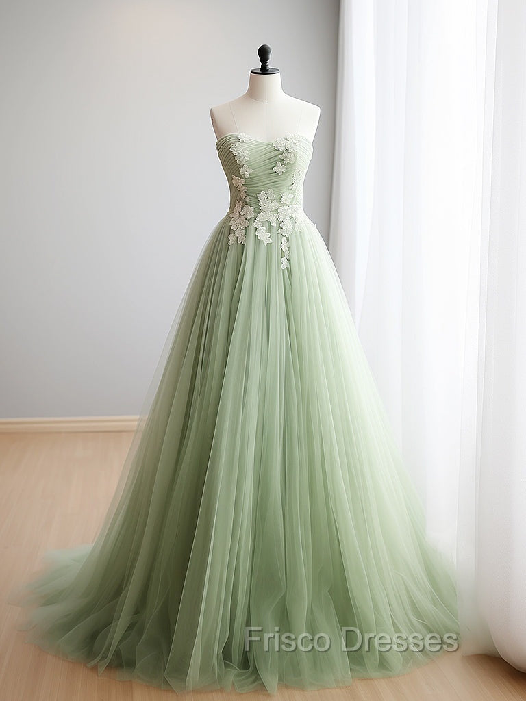 A-Line Sweetheart Neck Tulle Lace Applique Green Long Formal Prom Dress Formal Dress Off Shoulder