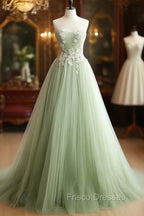 A-Line Sweetheart Neck Tulle Lace Applique Green Long Formal Prom Dress Formal Dress Off Shoulder