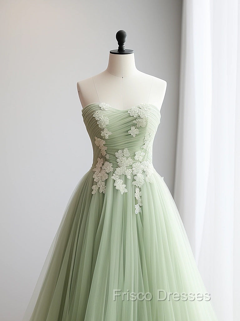 A-Line Sweetheart Neck Tulle Lace Applique Green Long Formal Prom Dress, Green Formal Dress Secondary image
