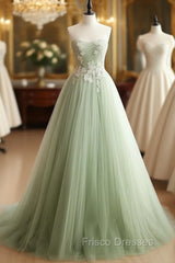 A-Line Sweetheart Neck Tulle Lace Applique Green Long Formal Prom Dress, Green Formal Dress