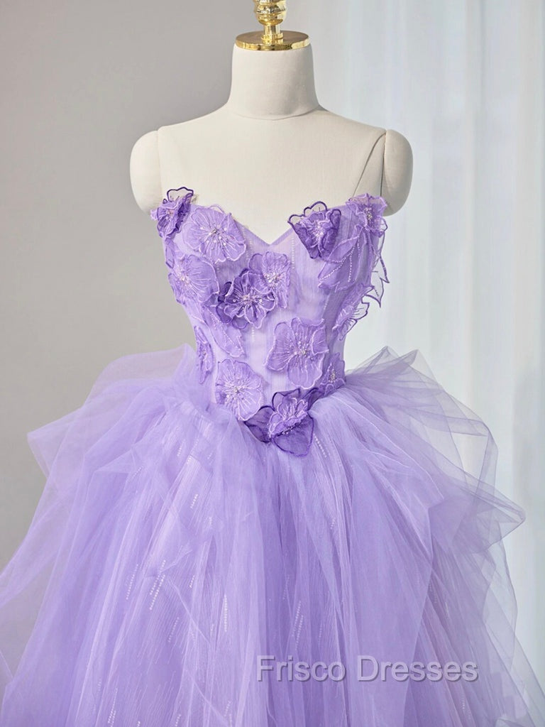 A-Line Sweetheart Neck Tulle Lace Applique Purple Long Formal Prom Dress, Purple Formal Dress