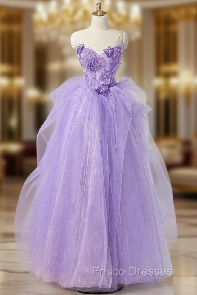 A-Line Sweetheart Neck Tulle Lace Applique Purple Long Formal Prom Dress, Purple Formal Dress Main image