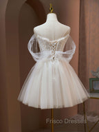 A Line Sweetheart Neck Tulle Lace Beige Short Formal Prom Dress,  Puffy Cute Homecoming Dress