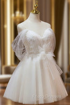 A Line Sweetheart Neck Tulle Lace Beige Short Formal Prom Dress,  Puffy Cute Homecoming Dress