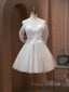 A Line Sweetheart Neck Tulle Lace Beige Short Formal Prom Dress,  Puffy Cute Homecoming Dress
