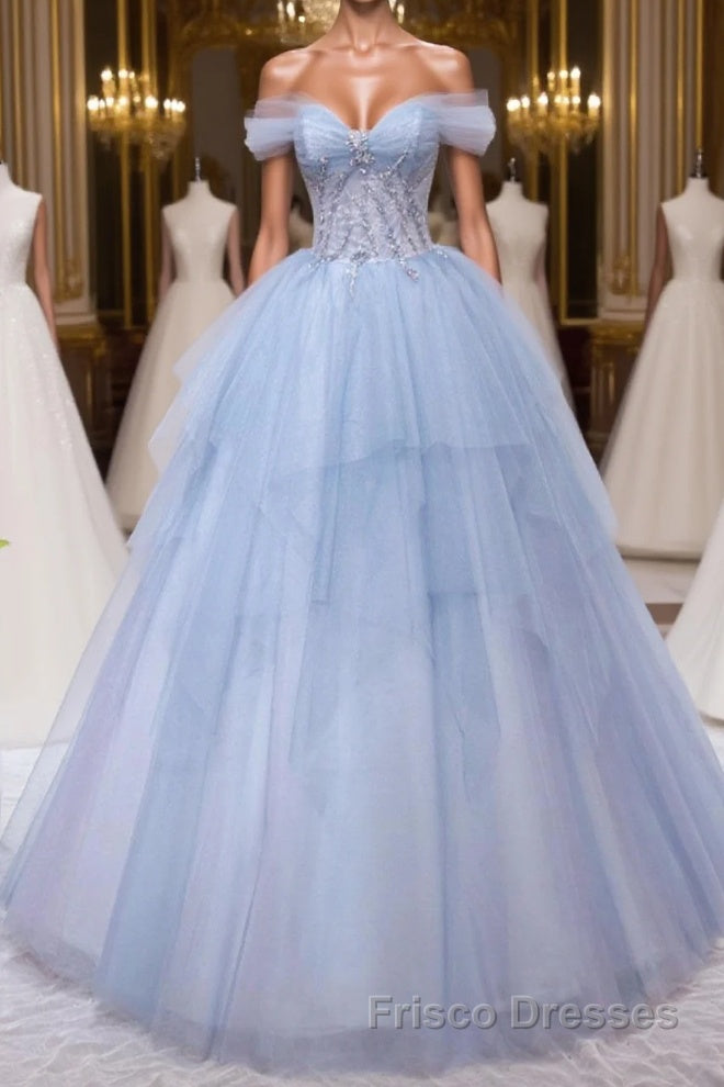 A-Line Sweetheart Neck Tulle Lace Blue Long Formal Prom Dresses, Blue Formal Evening Dresses