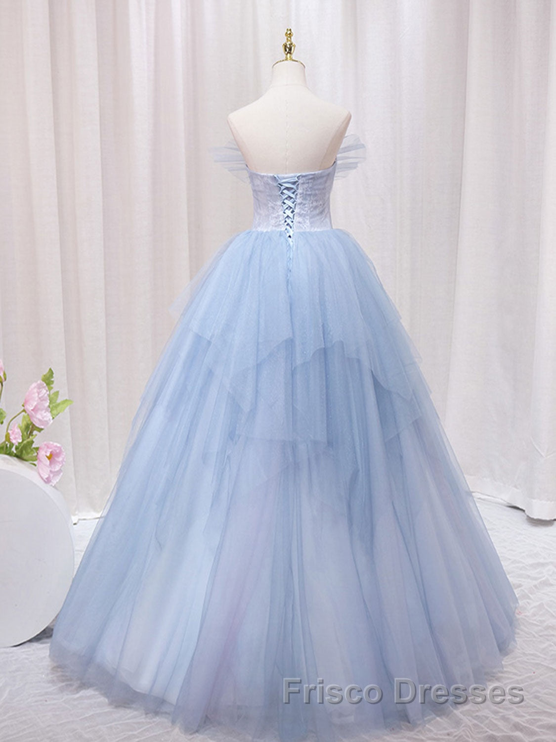 A-Line Sweetheart Neck Tulle Lace Blue Long Formal Prom Dresses, Blue Formal Evening Dresses Secondary image