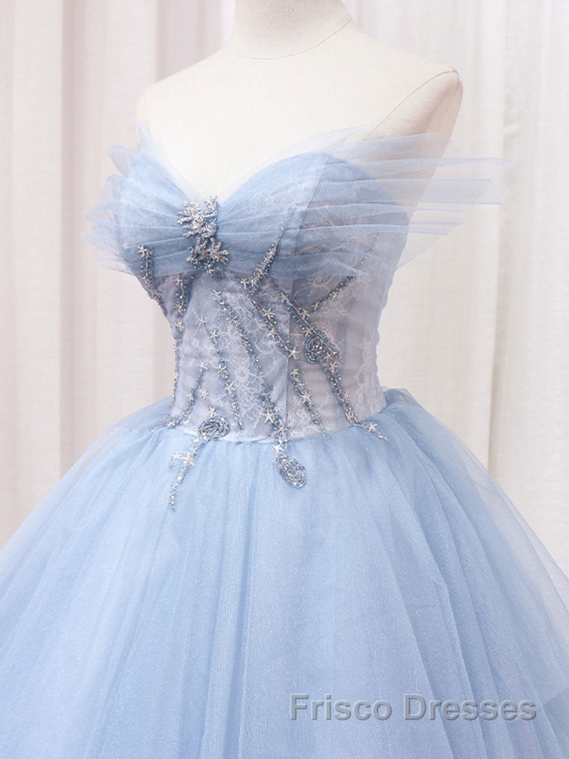 A-Line Sweetheart Neck Tulle Lace Blue Long Formal Prom Dresses, Blue Formal Evening Dresses