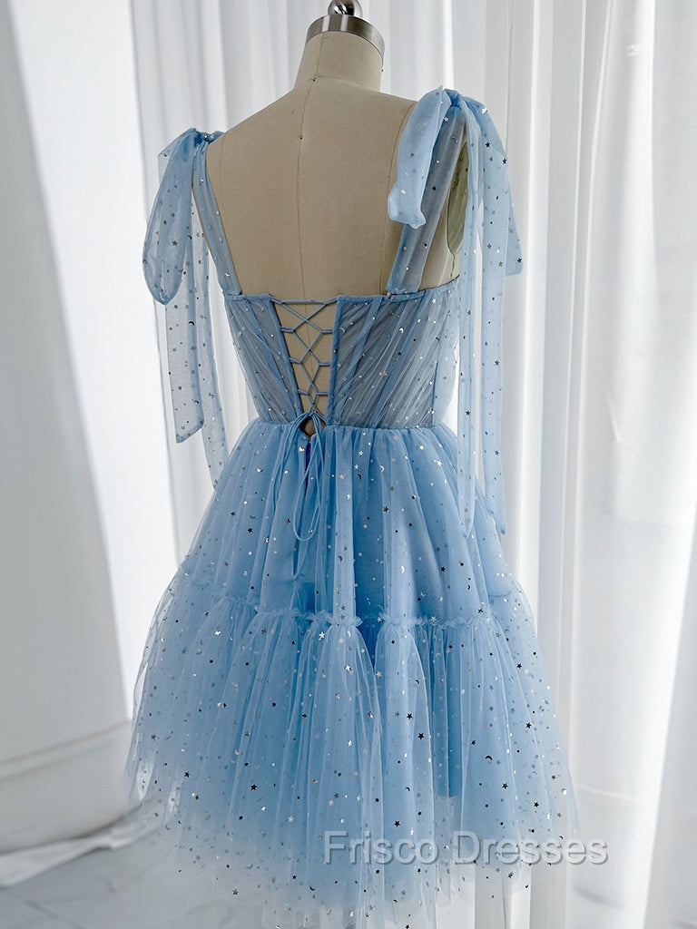 A-Line Sweetheart Neck Tulle Lace Blue Short Formal Prom Dress, Blue Homecoming Dress
