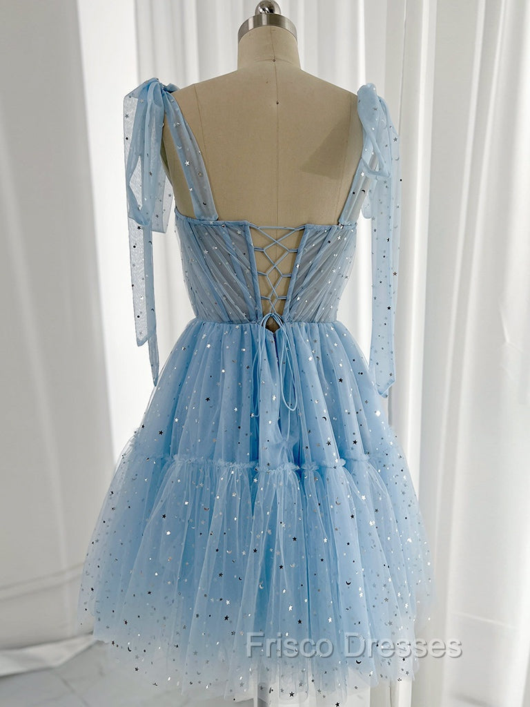 A-Line Sweetheart Neck Tulle Lace Blue Short Formal Prom Dress, Blue Homecoming Dress