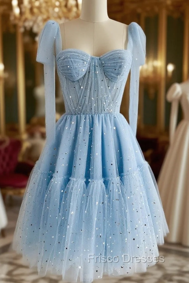 A-Line Sweetheart Neck Tulle Lace Blue Short Formal Prom Dress, Blue Homecoming Dress