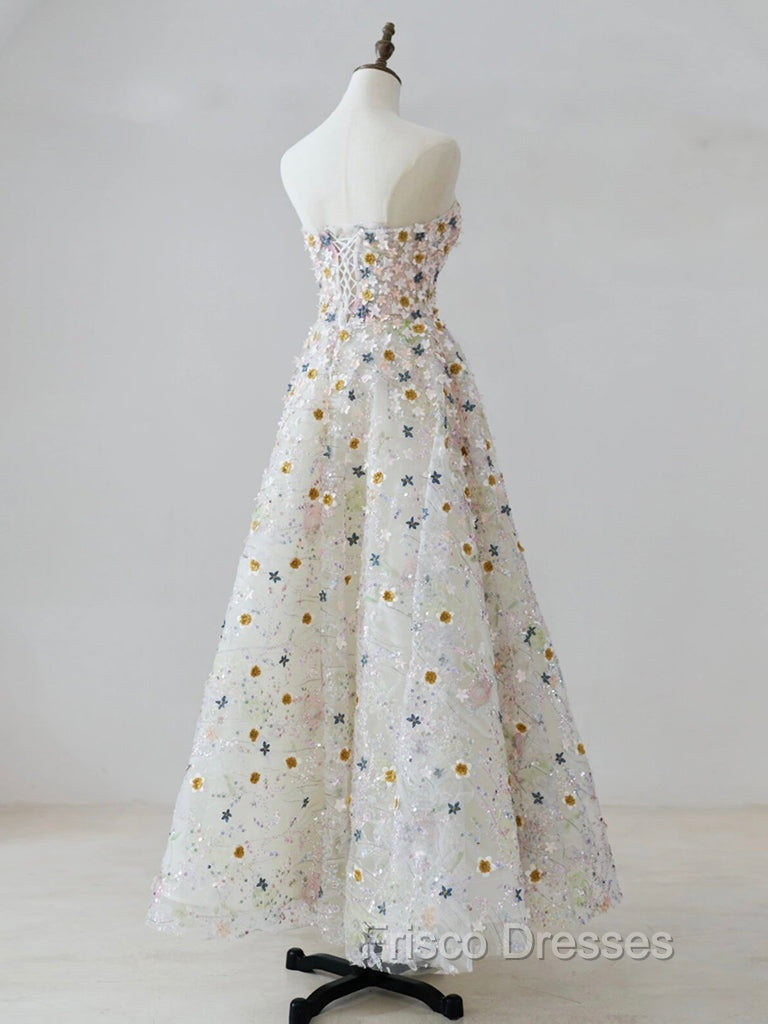 A-line Sweetheart Neck Tulle Lace Flower Beige Long Formal Prom Dress, Beige Long Formal Dress