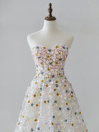 A-line Sweetheart Neck Tulle Lace Flower Beige Long Formal Prom Dress, Beige Long Formal Dress