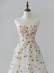 A-line Sweetheart Neck Tulle Lace Flower Beige Long Formal Prom Dress, Beige Long Formal Dress