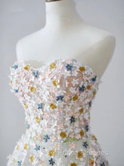 A-line Sweetheart Neck Tulle Lace Flower Beige Long Formal Prom Dress, Beige Long Formal Dress