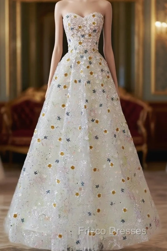 A-line Sweetheart Neck Tulle Lace Flower Beige Long Formal Prom Dress, Beige Long Formal Dress
