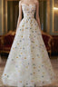 A-line Sweetheart Neck Tulle Lace Flower Beige Long Formal Prom Dress, Beige Long Formal Dress