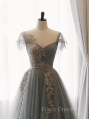 A-Line Sweetheart Neck Tulle Lace Gray Blue Long Formal Prom Dress, Gray Blue Formal Dress