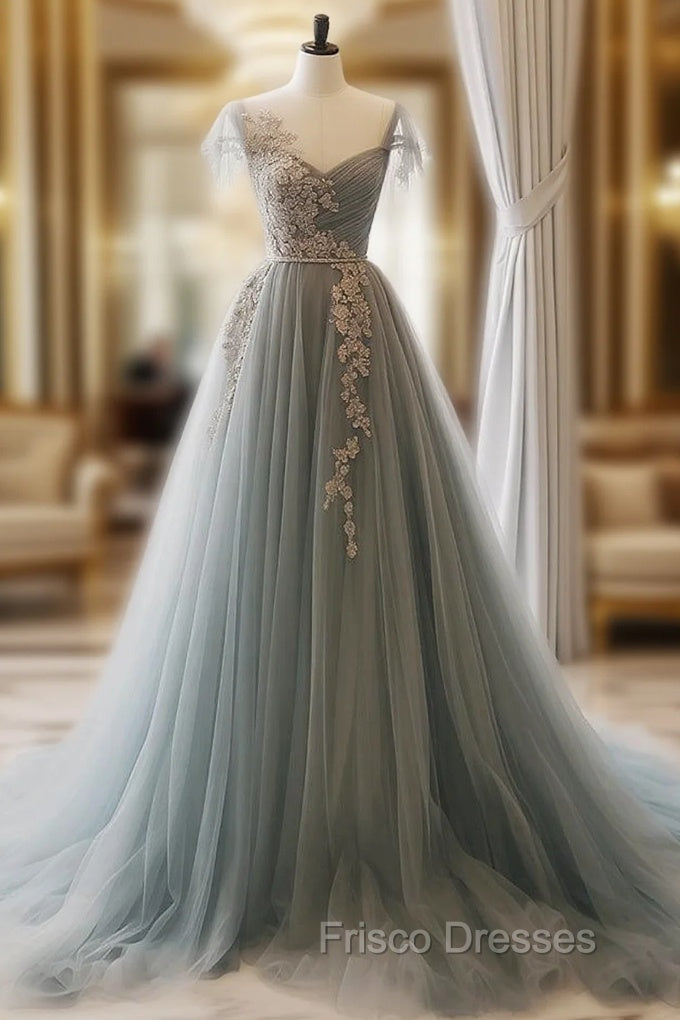 A-Line Sweetheart Neck Tulle Lace Gray Blue Long Formal Prom Dress, Gray Blue Formal Dress