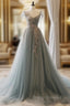 A-Line Sweetheart Neck Tulle Lace Gray Blue Long Formal Prom Dress, Gray Blue Formal Dress