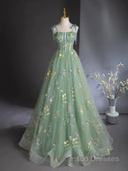 A-Line Sweetheart Neck Tulle Lace Green Long Formal Prom Dress