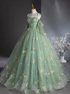 A-Line Sweetheart Neck Tulle Lace Green Long Formal Prom Dress