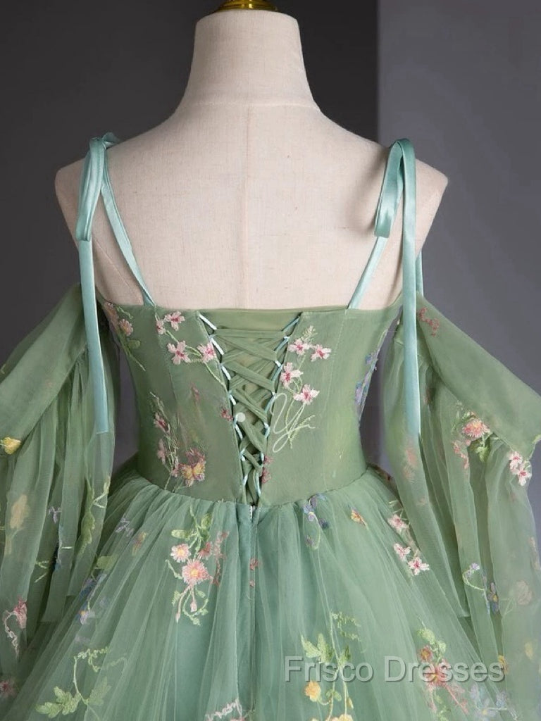 A-Line Sweetheart Neck Tulle Lace Green Long Formal Prom Dress
