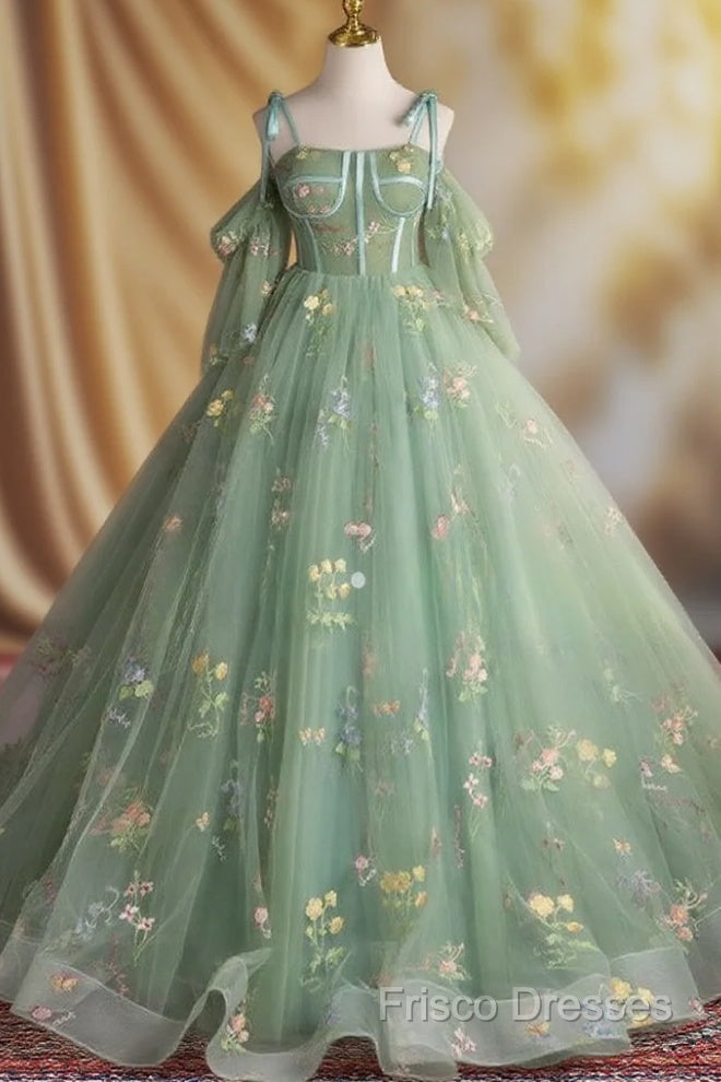 A-Line Sweetheart Neck Tulle Lace Green Long Formal Prom Dress Main image