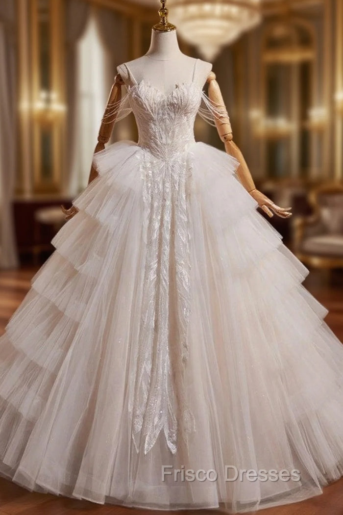 A-Line Sweetheart Neck Tulle Lace Light Champagne Long Wedding Dress with Beads Main image