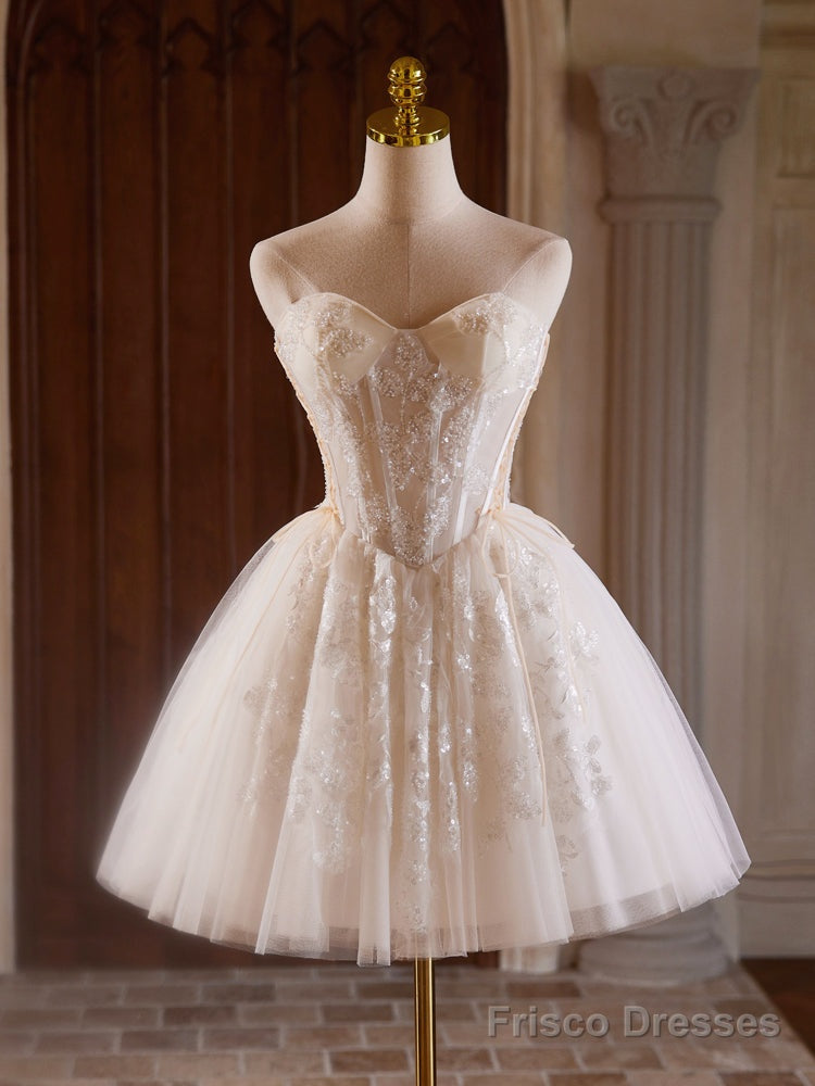 A-Line Sweetheart Neck Tulle Lace Light Champagne Short Prom Dress Main image