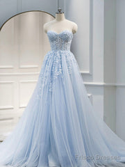 A Line Sweetheart Neck Tulle Lace Long Blue Prom Dresses, Lace Formal Graduation Dresses