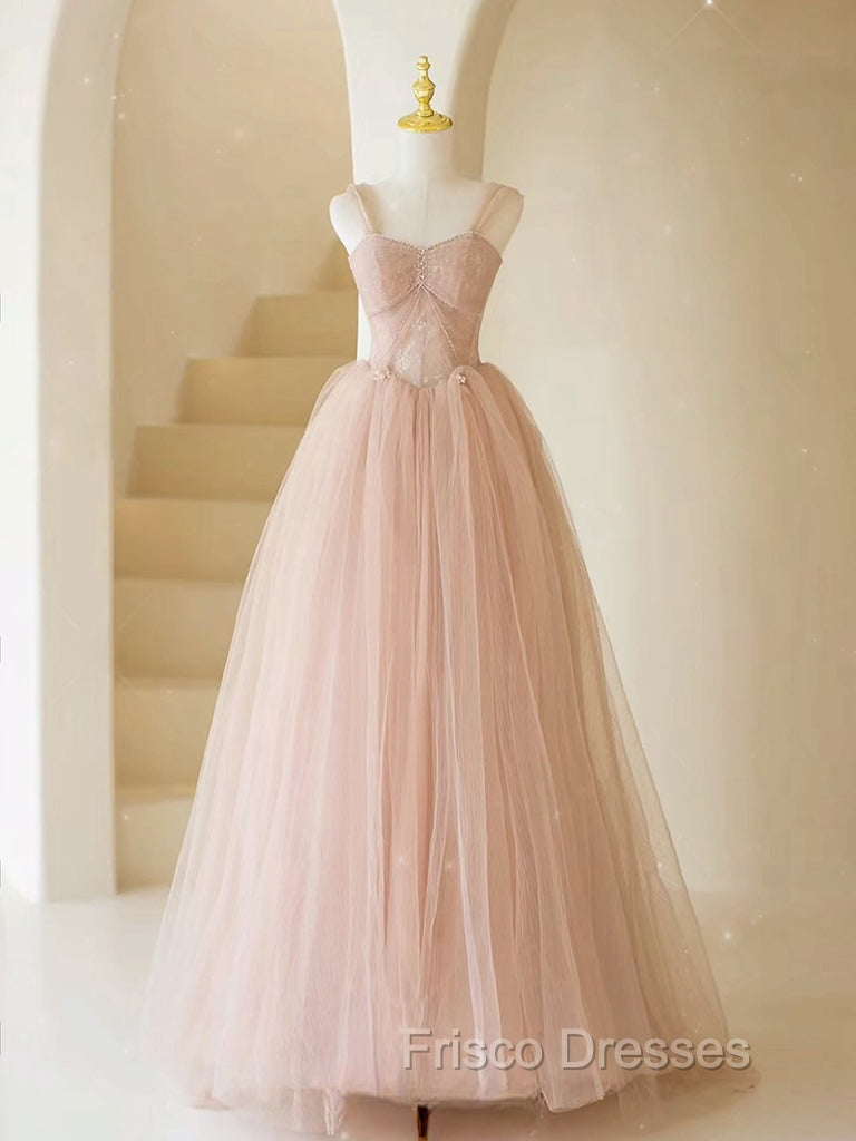 A-Line Sweetheart Neck Tulle Lace Long Pink Formal Prom Dress, Pink Party Dress with Beads Secondary image