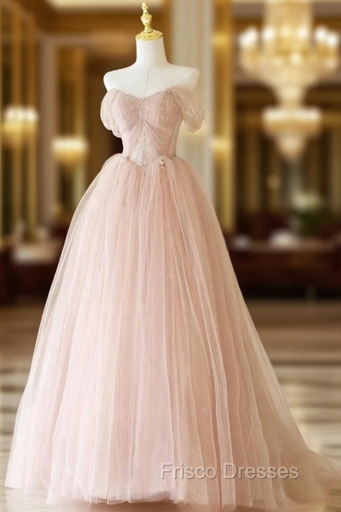 A-Line Sweetheart Neck Tulle Lace Long Pink Formal Prom Dress, Pink Party Dress with Beads Main image