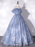 A-Line Sweetheart Neck Tulle Lace Long Formal Prom Dresses, Blue Sweet 16 Dresses