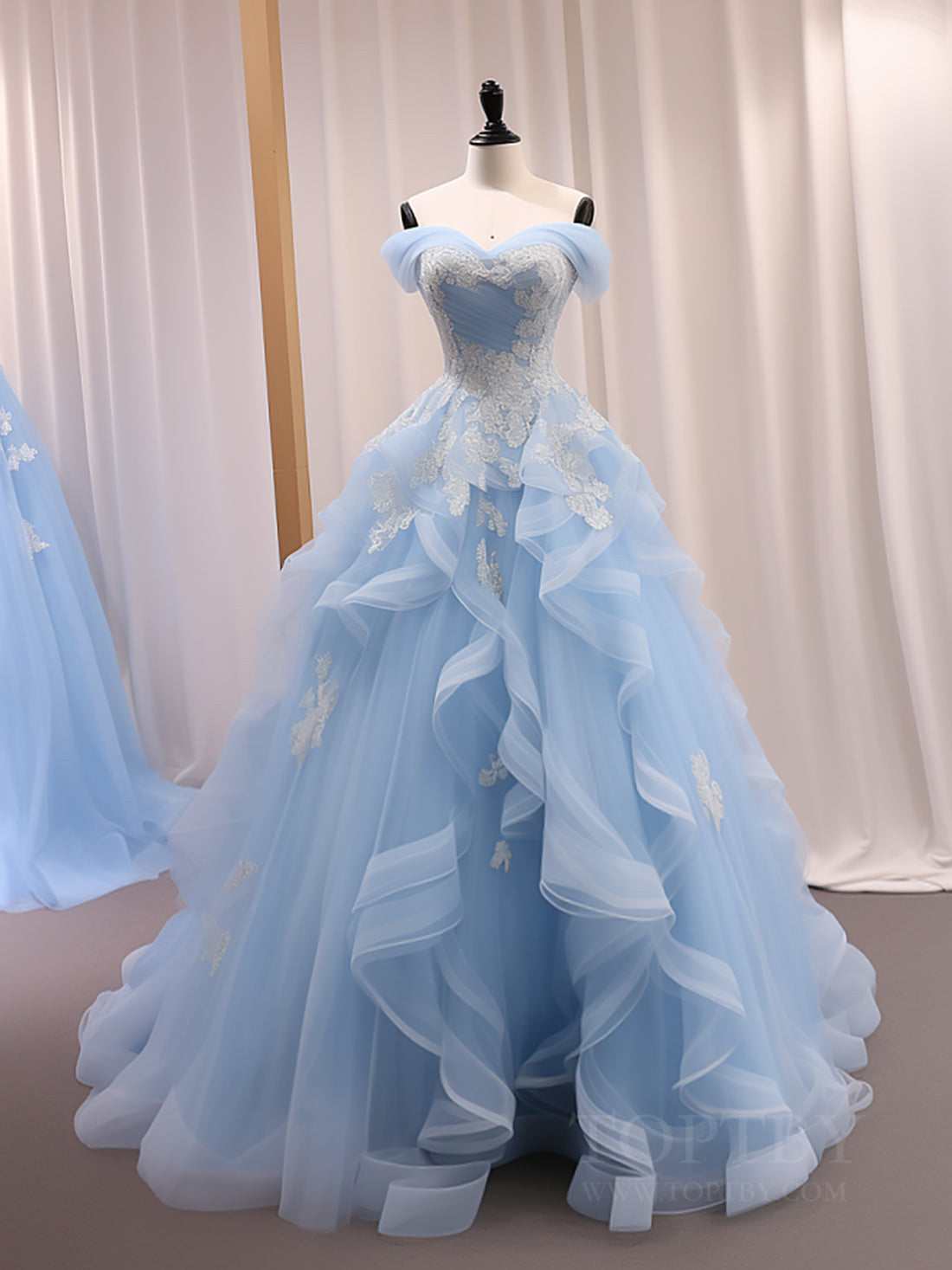 A-Line Sweetheart Neck Tulle Lace Off Shoulder Blue Long Prom Dress