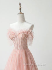 A-Line Sweetheart Neck Tulle Lace Pink Long Formal Prom Dress, Pink Formal Dress