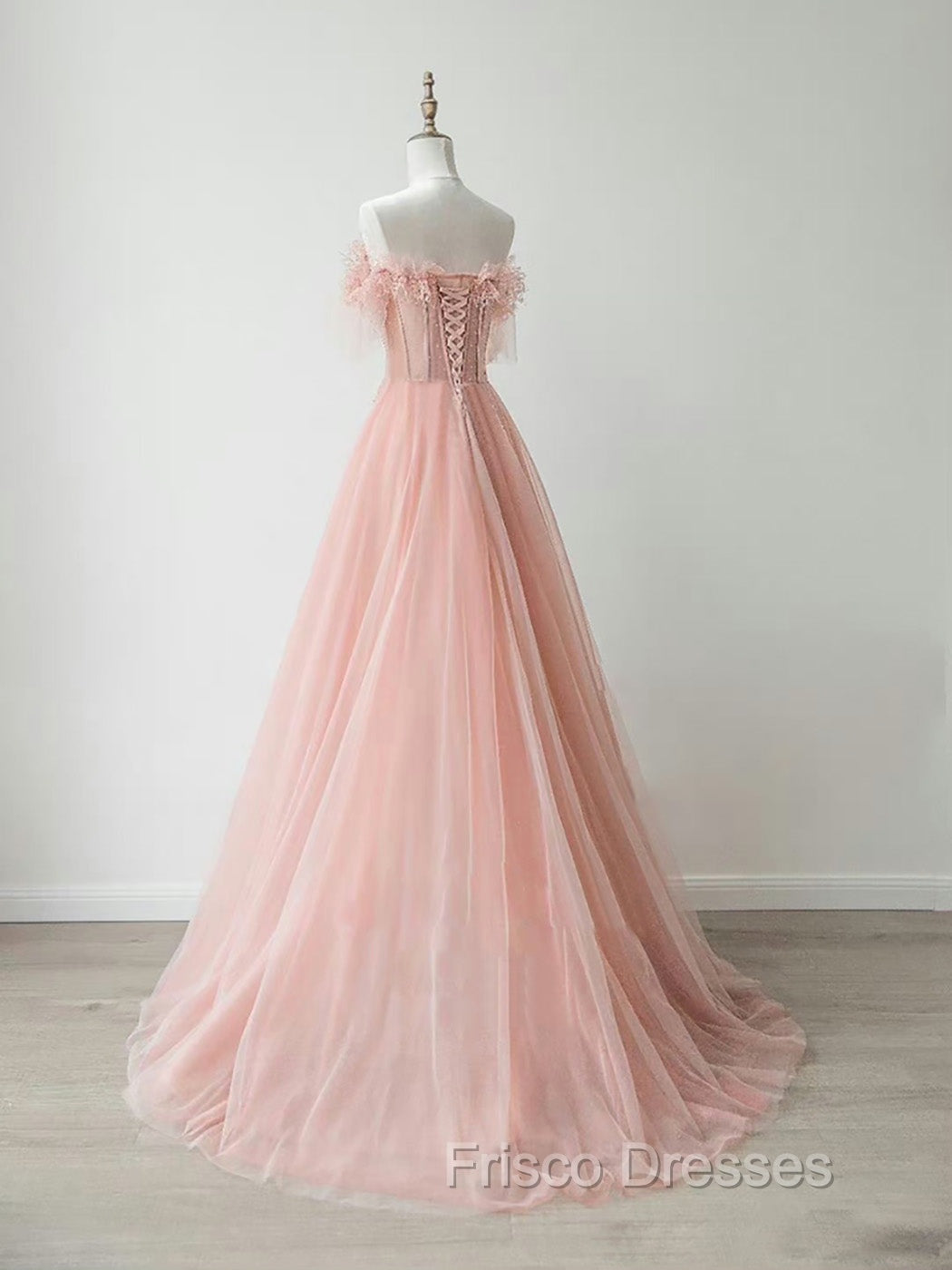 A-Line Sweetheart Neck Tulle Lace Pink Long Formal Prom Dress, Pink Formal Dress