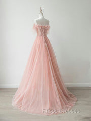 A-Line Sweetheart Neck Tulle Lace Pink Long Formal Prom Dress, Pink Formal Dress