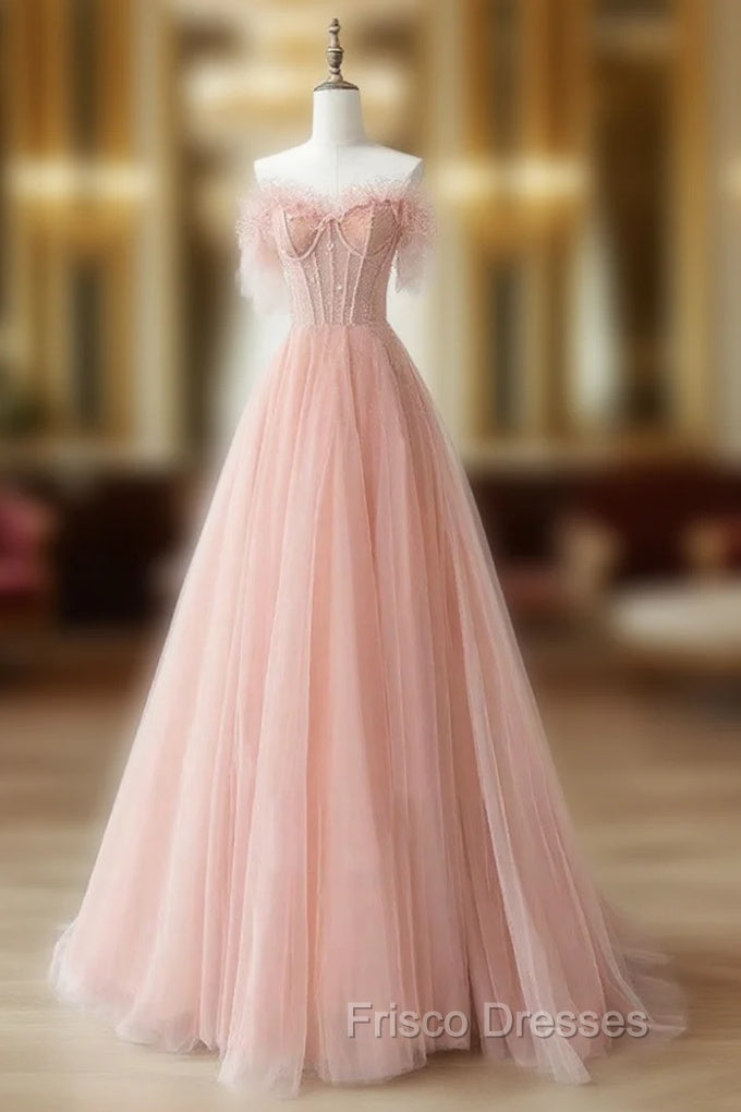 A-Line Sweetheart Neck Tulle Lace Pink Long Formal Prom Dress, Pink Formal Dress Main image
