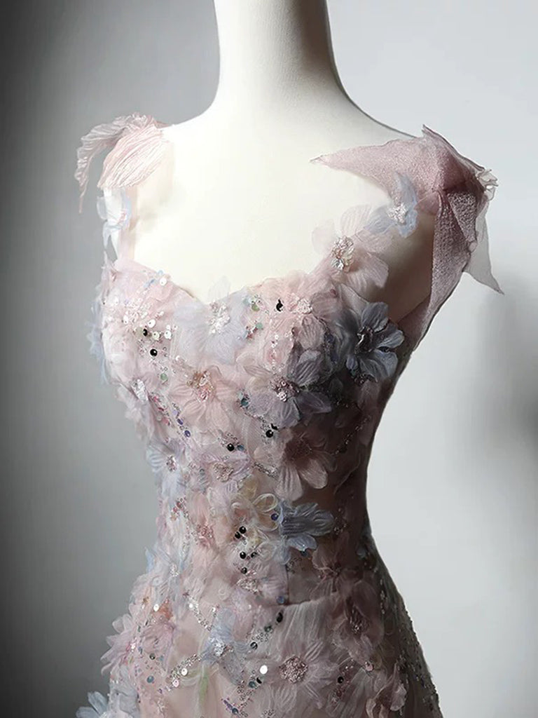 A-Line Sweetheart Neck Tulle Lace Pink Long Prom Dress, Pink Long Formal Dress Secondary image