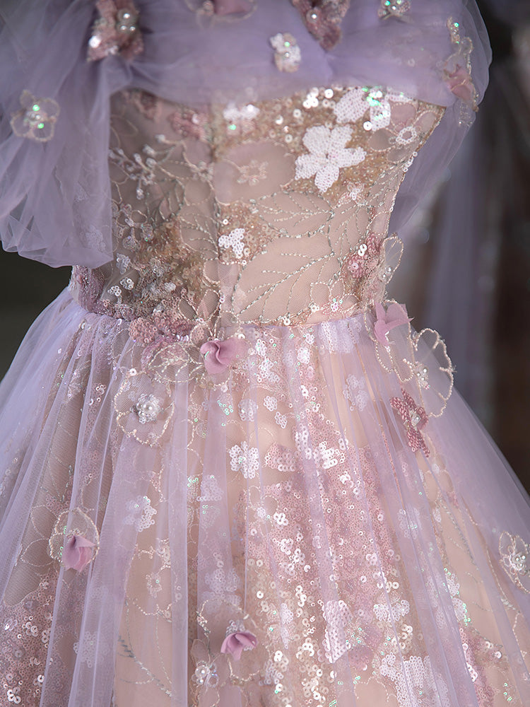A-Line Sweetheart Neck Tulle Lace Purple Long Prom Dress, Purple Long Formal Dress