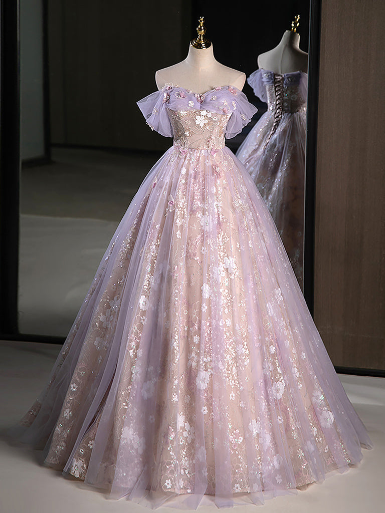 A-Line Sweetheart Neck Tulle Lace Purple Long Prom Dress, Purple Long Formal Dress