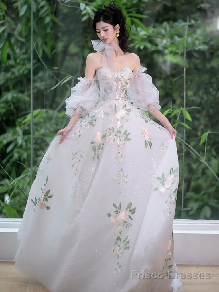 A-Line Sweetheart Neck Tulle Lace White Long Prom Dress, White Long Formal Dress Main image