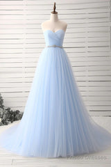 A-Line Sweetheart Neck Tulle Light Sky Blue Long Prom Dress