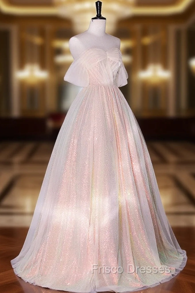 A-Line Sweetheart Neck Tulle Pink Formal Dress, Off Shoulder Pink Formal Dress