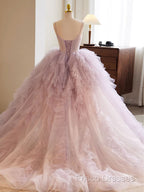 A-Line Sweetheart Neck Tulle Pink Long Formal Prom Dress, Pink Formal Dress