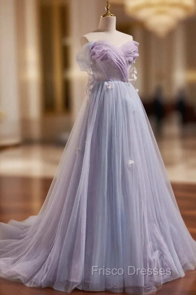 A-Line Sweetheart Neck Tulle Purple Long Formal Prom Dress, Purple Formal Dress Main image