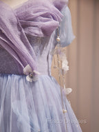 A-Line Sweetheart Neck Tulle Purple Long Formal Prom Dress, Purple Formal Dress