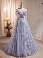 A-Line Sweetheart Neck Tulle Purple Long Formal Prom Dress, Purple Formal Dress