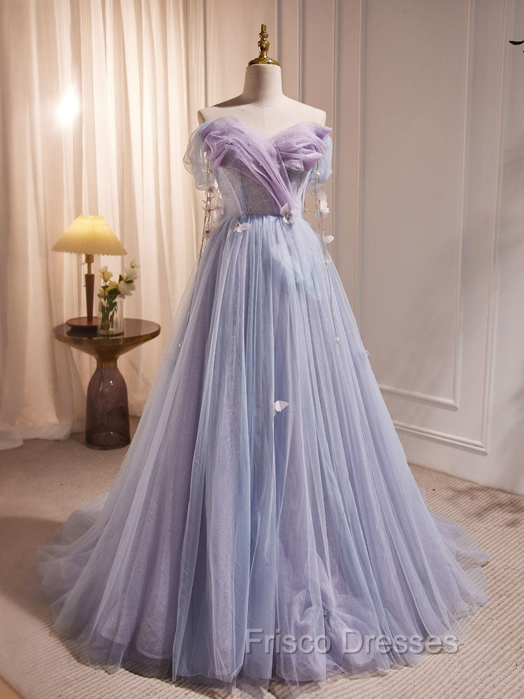 A-Line Sweetheart Neck Tulle Purple Long Formal Prom Dress, Purple Formal Dress